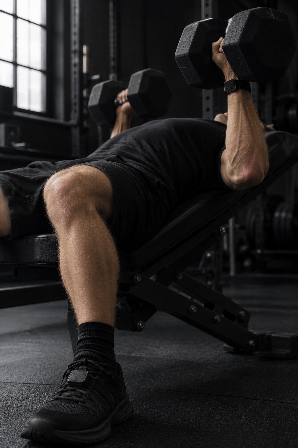 A lifter mid dumbbell press, the Dextri band on the wrist and a second unit clipped to the shoe.